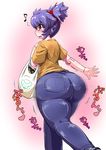  1girl altines ass bag blue_hair blush breasts busou_shinki doll_joints from_behind glasses huge_ass jeans jiggle musical_note open_mouth pants purple_eyes rei shiny shiny_hair shirt skin_tight smile solo translation_request twintails 