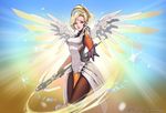  absurdres bad_id bad_pixiv_id blonde_hair blue_background blue_eyes bodysuit breasts cowboy_shot gloves gradient gradient_background high_ponytail highres holding holding_staff large_breasts lee_seok_ho lips looking_at_viewer mechanical_halo mechanical_wings mercy_(overwatch) nose outstretched_hand overwatch pantyhose parted_lips ponytail solo sparkle spread_wings staff swiss_flag watermark web_address wings yellow_background yellow_wings 