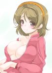  blush breasts brown_hair frapowa koizumi_hanayo large_breasts looking_at_viewer love_live! love_live!_school_idol_project naked_coat open_clothes purple_eyes short_hair smile solo 