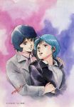  1boy 1girl dated four_murasame gundam highres kamille_bidan kitazume_hiroyuki official_art short_hair simple_background traditional_media watercolor_(medium) zeta_gundam 