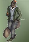  beanie binturong cargo_pants cellphone clothing field_jacket green_background hair hat jacket male mammal pants phone shukin simple_background solo tomcat viverrid walking 