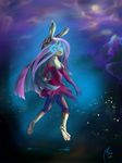  2014 3_toes allatir anthro bare_shoulder black_nose blue_eyes clothed clothing digitigrade eyelashes female hair hare lagomorph long_hair mammal moon night outside pink_hair sky solo toes 