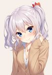 alternate_costume blue_eyes blush bow breasts cardigan cleavage collarbone grey_eyes hair_bow jewelry kantai_collection kashima_(kantai_collection) long_hair looking_at_viewer medium_breasts mikazuchi_zeus necklace silver_hair simple_background solo twintails unbuttoned wavy_hair 