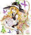  acrylic_paint_(medium) apron blonde_hair blush book bow braid brown_eyes bug butterfly from_above hat hat_bow holding holding_book insect kabaji kirisame_marisa long_hair looking_at_viewer looking_up mary_janes open_mouth plant reading shoes side_braid sitting sketch solo touhou traditional_media tree_stump waist_apron wariza white_bow witch_hat 