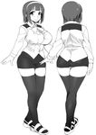  ass blush breasts greyscale hairband huge_breasts idolmaster idolmaster_(classic) long_sleeves looking_at_viewer microskirt mole mole_under_mouth monochrome multiple_views namidame otonashi_kotori panties pencil_skirt short_hair skirt smile thighhighs underwear 