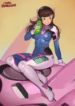  animal_print bangs bodysuit brown_hair bunny_print coca-cola commentary d.va_(overwatch) facial_mark headphones high_collar highres long_hair making_of mecha meka_(overwatch) mountain_dew norasuko on_mecha overwatch parody pilot_suit pinup ribbed_bodysuit shoulder_pads sitting smile solo swept_bangs whisker_markings yokozuwari 