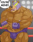  abs bear biceps black_nose bulge clothed clothing cum cum_on_body drooling fur gloves league_of_legends male mammal manly mask muscular muscular_male pecs saliva speech_bubble speedo swimsuit topless video_games volibear 