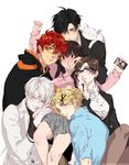  4boys 707_(susanghan_messenger) black_hair blonde_hair blush boy_sandwich breasts cat challele everyone formal glasses hair_ornament hairclip han_jumin highres kang_jaehee large_breasts long_hair male_harem mixed_harem multiple_boys multiple_girls one_eye_closed phone protagonist_(susanghan_messenger) red_hair sandwiched shirt short_hair simple_background suit susanghan_messenger sweater white_background white_hair yoosong_(susanghan_messenger) zen_(susanghan_messenger) 