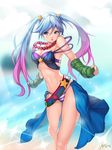  absurdres arcade_sona arm_warmers bad_id bad_perspective bad_pixiv_id bikini blue_hair bra breasts cleavage fingerless_gloves gloves highres jewelry league_of_legends lee_seok_ho legs long_hair medium_breasts multicolored_hair navel necklace open_clothes open_skirt panties skirt solo sona_buvelle stomach striped striped_bikini swimsuit toned twintails two-tone_hair underwear 