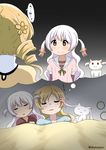  abutomato blonde_hair closed_eyes highres imagining kyubey mahou_shoujo_madoka_magica momoe_nagisa multiple_girls sleeping thought_bubble tomoe_mami translated white_hair yellow_eyes 