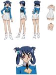  00s 1girl ass back blue_hair breasts character_sheet cleavage cleavage_cutout female full_body official_art sasagure_konami shinkon_gattai_godannar!! skirt smile solo uniform 