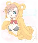  animal_hood bangs bear_hood bear_tail bent_over black_bra blue_eyes bottomless bow bowtie bra breasts clenched_hand food food_on_body food_on_face frapowa fur_trim hand_on_own_cheek heart honey hood hoodie kousaka_honoka licking_lips love_live! love_live!_school_idol_project medium_breasts one_eye_closed orange_hair red_bow red_neckwear smile solo sparkle tail tongue tongue_out underwear 