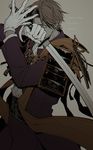  armor brown_hair character_name copyright_name gloves heshikiri_hasebe ichino_(1no) japanese_armor katana male_focus purple_eyes shoulder_armor sode solo sword touken_ranbu weapon white_gloves 