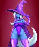  2016 anthro anthrofied areola big_breasts breasts cape clothed clothing colored cutie_mark earth_pony equine female friendship_is_magic hair half-closed_eyes hat horse legwear looking_at_viewer mammal monochrome my_little_pony navel nipples pony reiduran simple_background smile standing thigh_highs translucent transparent_clothing trixie_(mlp) wizard_hat 