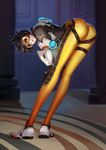  ass backlighting bent_over bodysuit bomber_jacket brown_eyes brown_hair brown_jacket from_behind full_body gloves goggles harness hei_yu highres indoors jacket long_legs looking_at_viewer looking_back orange_bodysuit overwatch shoes short_hair skin_tight smile solo spiked_hair standing tracer_(overwatch) 