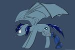  bionics blue_eyes blue_hair cutie_mark ear_piercing hair hooves male membranous_wings my_little_pony nude piercing prosthetic scar simple_background underpable wings 