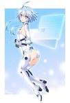  ahoge artist_name blue_hair gloves highres iwasi-r leotard looking_at_viewer neptune_(series) open_mouth power_symbol red_eyes short_hair_with_long_locks sidelocks solo symbol-shaped_pupils white_heart wings 
