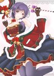 bell blush breasts candy candy_cane christmas cleavage food frapowa green_eyes huge_breasts long_hair looking_at_viewer love_live! love_live!_school_idol_project purple_hair smile solo thighhighs toujou_nozomi 