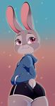  abstract_background anthro berseepon09 booty_shorts butt clothed clothing cute disney female fur furgonomics grey_fur hands_in_pockets hi_res hoodie judy_hopps lagomorph looking_at_viewer looking_back low-angle_view mammal purple_eyes rabbit rear_view smile solo zootopia 