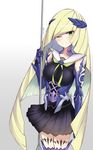  armor blonde_hair blush brynhildr_(fate) brynhildr_(fate)_(cosplay) cosplay fate/prototype fate/prototype:_fragments_of_blue_and_silver fate_(series) gauntlets gradient gradient_background green_eyes hair_over_one_eye highres holding holding_weapon i.f.s.f long_hair look-alike looking_at_viewer lusamine_(pokemon) one_eye_closed pokemon pokemon_(game) pokemon_sm polearm skirt smile solo spear very_long_hair weapon 