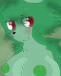  2016 anthro anyelik_(character) big_breasts black_nose blush breasts canine digital_drawing_(artwork) digital_media_(artwork) e-01_(artist) erect_nipples female fox fur green_fur green_hair green_nipples hair mammal multicolored_fur nipples nude red_eyes simple_background solo two_tone_fur white_fur 