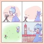  blue_dress blue_hair camera cirno comic commentary dress english failure forced_perspective highres running scarlet_devil_mansion self_shot solo thumbs_up touhou viewfinder yoruny you're_doing_it_wrong 