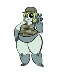  belly big_belly blonde_hair breasts clothing colored dimmerolls female grey_skin hair hand_on_hip hat hi_res machine obese one_eye_closed overweight peace plantigrade robot simple_background sine solo standing thick_thighs wide_hips wink yellow_eyes 