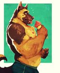  2015 anthro biceps big_muscles black_nose border boxers_(clothing) brown_fur brown_nipples brown_tail canine clothed clothing dessert digital_media_(artwork) dog food fur german_shepherd green_background half-length_portrait hi_res ice_cream japanese_text male mammal multicolored_fur musclegut muscular muscular_male nipples outside_border pecs pink_tongue portrait side_view signature simple_background solo tan_fur tan_tail tattoo teeth text tongue tongue_out topless two_tone_fur two_tone_tail underwear vetrowolf white_border yellow_eyes 