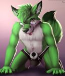  2019 animal_genitalia animal_penis anthro canid canine clothing digital_media_(artwork) eyewear fox fur glasses green_fur jonas-puppeh looking_at_viewer male mammal penis pinup pose shadownight sheath simple_background solo tongue underwear 