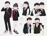  6+boys :&lt; :o ;3 alternate_costume arm_up artist_name backpack bad_id bad_pixiv_id bag bangs black_eyes black_footwear black_hair black_jacket black_pants black_skirt black_sweater blazer blazer_removed blush bow bowl_cut bowtie breasts brothers brown_eyes brown_hair cellphone character_name clenched_hand closed_mouth collared_shirt copyright_name cropped_torso cross-laced_footwear dress_shirt grey_background grin hairband hand_in_pocket heart heart_in_mouth hetero holding holding_jacket holding_phone jacket jacket_removed korean long_sleeves looking_at_another looking_at_viewer looking_to_the_side matsuno_choromatsu matsuno_ichimatsu matsuno_juushimatsu matsuno_karamatsu matsuno_osomatsu matsuno_todomatsu mery_(apfl0515) miniskirt multiple_boys necktie open_blazer open_clothes open_jacket osomatsu-kun osomatsu-san pants pencil_skirt phone school_uniform sextuplets shirt shoes short_twintails siblings simple_background skirt sleeves_rolled_up small_breasts smartphone smile sneakers socks standing striped striped_bow striped_neckwear surgical_mask sweater sweater_vest twintails uneven_eyes white_legwear white_shirt wiping_nose yowai_totoko 