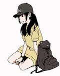  1girl backpack backpack_removed bag baseball_cap black_eyes bracelet full_body hat highres hosoo jewelry letter original oversized_clothes oversized_shirt shaded_face shirt short_sleeves simple_background sitting solo teeth twintails white_background yellow_shirt 