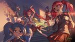  alternate_costume alternate_hairstyle animal backpack bag blue_hair blush book bow closed_eyes commentary english_commentary green_hair hair_ornament highres janna_windforce jinx_(league_of_legends) league_of_legends lulu_(league_of_legends) luxanna_crownguard multiple_girls necktie official_art open_mouth plaid plaid_skirt pointy_ears poppy red_eyes red_hair school_uniform skirt stairs star_guardian_janna star_guardian_jinx star_guardian_lulu star_guardian_lux star_guardian_poppy twintails yordle 