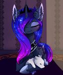  blue_fur cosmic_feathers cosmic_hair detailed_background equine eyes_closed feathered_wings feathers female feral fur hooves horn inner_ear_fluff inside lying magnaluna mammal smile white_fur winged_unicorn wings 