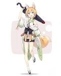  animal_ear_fluff animal_ears animal_themed_umbrella bare_shoulders belt blonde_hair blue_eyes bow buttons extra_ears fang fox_ears fox_tail full_body holding jacket looking_at_viewer off_shoulder open_mouth original poco_(asahi_age) sailor_collar sash shiratama_kitsune shirt short_hair shorts simple_background sleeveless sleeveless_shirt solo standing standing_on_one_leg tabi tail umbrella white_background 