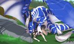  2016 4_toes 5_fingers anal anal_penetration animal_genitalia animal_penis anthro balls big_dom_small_sub black_penis blue_eyes blue_fur brown_fur canine canine_penis claws cum cum_in_ass cum_inside detailed_background digital_media_(artwork) digitigrade dragon duo erection fur furred_dragon gloves_(marking) hair hi_res horn kalemendrax knot larger_male looking_pleasured male male/male mammal markings membranous_wings nature nude open_mouth outside penetration penis sex size_difference smaller_male smile socks_(marking) sonsasu tail_tuft teeth toe_claws toes tongue tongue_out tuft white_fur wings wolf 