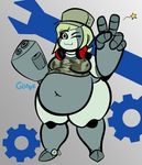  belly big_belly blonde_hair breasts clothing colored derpaggedon female grey_skin gun hair hat headphones looking_at_viewer machine not_furry one_eye_closed overweight peace plantigrade ranged_weapon robot sine solo standing thick_thighs weapon wide_hips wink 