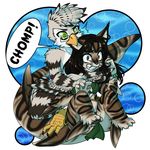  anthro avian bird carrying clothed clothing duo english_text eyewear feathered_wings feathers feline female glasses lovelesskiax male mammal piggyback remmmy text wings 