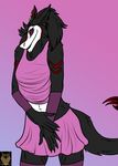  2016 anthro arm_warmers black_fur bottomless clothed clothing fur girly gradient gradient_background legwear looking_at_viewer male mammal sergal shirt simple_background skirt solo standing tai-sen thigh_highs wewo 