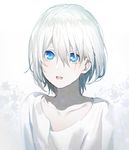  androgynous bad_id bad_pixiv_id baggy_clothes blue_eyes copyright_request erubo hair_between_eyes looking_up male_focus open_mouth pale_skin shirt solo white_background white_hair white_shirt 