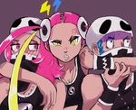  1boy 2girls anger_vein angry bandana_over_mouth blonde_hair blue_eyes blue_hair blush commentary eyeshadow jewelry kogal makeup multicolored_hair multiple_girls necklace pink_eyes pink_hair plumeria_(pokemon) pokemon pokemon_(game) pokemon_sm rritsuu scared sharp_teeth sweat team_skull team_skull_grunt teeth twintails two-tone_hair upper_body wristband yellow_eyes 
