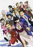  6+boys ayasato_mayoi beard black_hair blue_neckwear brown_hair cape carrying cravat cropped_jacket earrings eating eyewear_on_head facial_hair feathers food formal fuse_takuro glasses gyakuten_saiban gyakuten_saiban_6 hair_between_eyes hair_ribbon half_updo hat highres holding holding_food houzuki_akane jacket japanese_clothes jewelry kimono kizuki_kokone labcoat long_hair magatama mitsurugi_reiji multicolored_hair multiple_boys multiple_girls nahyuta_sahdmadhi naruhodou_minuki naruhodou_ryuuichi necklace necktie odoroki_housuke official_art open_mouth orange_hair petals piggyback ponytail rayfa_padma_khura'in ribbon scarf short_hair side_ponytail sleeves_rolled_up smile suit sunglasses top_hat two-tone_hair vest watch white_hair wristwatch yahari_masashi yellow_jacket yuugami_jin 