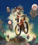  bicycle bike_shorts blue_eyes brown_hair child gen_3_pokemon ground_vehicle hair_ribbon haruka_(pokemon) haruka_(pokemon)_(remake) legs open_mouth pokemon pokemon_(creature) ribbon shoes sky sneakers spoink 