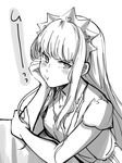  bangs blouse blunt_bangs blush elbows_on_table fate/grand_order fate_(series) greyscale head_on_hand jewelry long_hair looking_at_viewer medb_(fate)_(all) medb_(fate/grand_order) monochrome necklace pout shimo_(s_kaminaka) short_sleeves sidelocks solo tiara 
