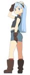  arm_up belt blunt_ends boots character_request copyright_request full_body gloves go_robots goggles goggles_on_head hand_to_head light_blue_eyes light_blue_hair long_hair looking_at_viewer midriff short_sleeves simple_background skirt smile solo white_background 