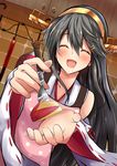  amagami_(makise_tsubaki) apple apple_bunny bad_id bad_pixiv_id black_hair closed_eyes commentary_request detached_sleeves dutch_angle feeding food fork fruit hair_ornament hairband hairclip haruna_(kantai_collection) headgear highres kantai_collection kitchen long_hair looking_at_viewer nontraditional_miko pov_feeding remodel_(kantai_collection) ribbon-trimmed_sleeves ribbon_trim smile solo upper_body 