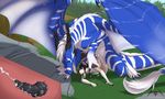  2016 4_toes 5_fingers anal anal_penetration animal_genitalia animal_penis anthro balls black_penis blue_eyes blue_fur brown_fur canine canine_penis claws cum cum_in_ass cum_inflation cum_inside cutaway detailed_background digital_media_(artwork) digitigrade dragon duo erection eyes_closed fur furred_dragon gloves_(marking) hair hi_res horn inflation internal kalemendrax knot knotting larger_male licking male male/male mammal markings membranous_wings nature nude open_mouth outside penetration penis sex shocked size_difference smaller_male smile socks_(marking) sonsasu tail_tuft teeth toe_claws toes tongue tongue_out tuft white_fur wide_eyed wings wolf 