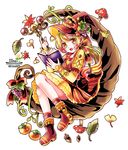 acorn ahoge artist_name autumn_leaves blonde_hair book boots bow crescent dress fly_agaric food food_themed_hair_ornament fruit grape_hair_ornament green_hair hair_bow hair_ornament hat juliet_sleeves leaf long_hair long_sleeves looking_at_viewer maple_leaf multicolored_hair murasaki_daidai_etsuo mushroom open_mouth original persimmon plant ponytail puffy_sleeves purple_dress purple_footwear purple_hat red_bow red_hair simple_background sitting smile solo striped striped_dress tassel twitter_username vines wand white_background witch witch_hat yellow_eyes 