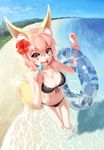  :d animal_ears bad_id bad_pixiv_id bare_arms bare_legs beach bikini black_bikini breasts cleavage day fang floral_print flower food fox_ears fox_tail from_above front-tie_bikini front-tie_top full_body hair_flower hair_ornament hibiscus highres holding holding_food innertube leaf_print looking_at_viewer medium_breasts navel ocean open_mouth original outdoors palm_tree pink_hair popsicle red_flower scrunchie shadow side-tie_bikini sky smile solo standing stomach string_bikini swimsuit tail thigh_gap transparent tree wading water_drop wrist_scrunchie zeroshiki_kouichi 