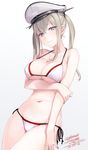  2016 artist_name bare_arms bare_shoulders bikini black_ribbon blonde_hair blue_eyes breast_hold breasts cleavage closed_mouth collar collarbone cowboy_shot dated eyebrows eyebrows_visible_through_hair eyelashes gradient gradient_background graf_zeppelin_(kantai_collection) grey_background groin hand_on_own_arm hat holding_arm kantai_collection large_breasts long_hair looking_at_viewer navel pale_skin peaked_cap ribbon rokuwata_tomoe side-tie_bikini sidelocks signature simple_background smile solo standing swimsuit twintails white_bikini white_hat 