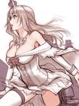  blonde_hair braid breasts brown_eyes cleavage crown dress french_braid hairband jewelry kantai_collection large_breasts long_hair mini_crown necklace panties pantyshot sano_toshihide solo standing thighhighs underwear warspite_(kantai_collection) 
